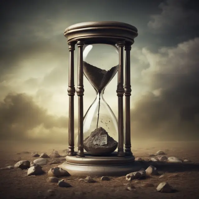 Illustration showing how yearly probabilities of dying for different age groups flow like sand from an hourglass into graves