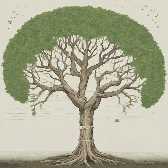 A lush ivy represents mortality rates, while an oak tree symbolizes life expectancy, growing together on a timeline