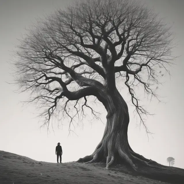 An individual pondering the yearly probability of living depicted as a tree with branches representing years, highlighting the relationship between time and mortality