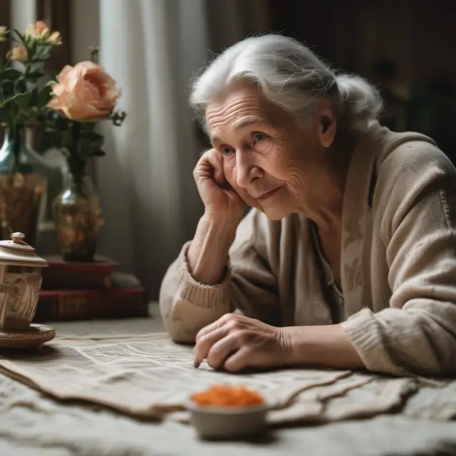 A senior woman sits at a desk, studying a life table with concern, symbolizing the importance of considering yearly probability of living for underwriting life insurance policies for seniors