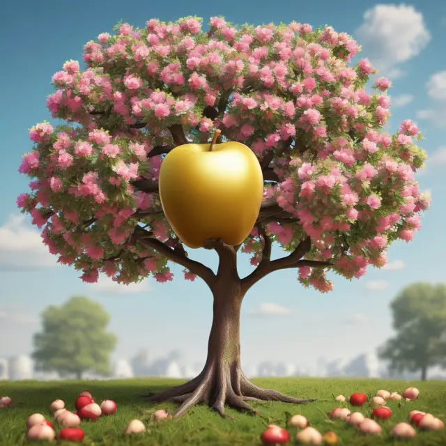A golden apple transforming into a lush, blooming tree, symbolizing the growth and calculation of Yearly Rate of Return