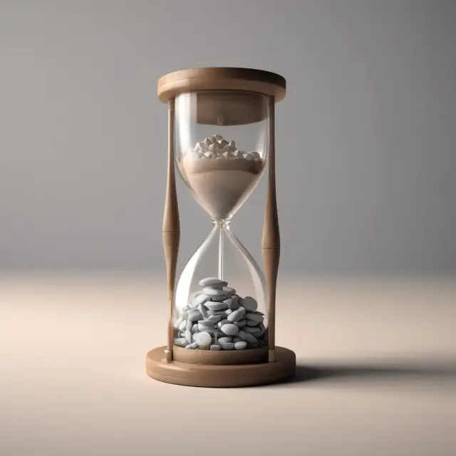 An hourglass pouring net amount at risk from one hand to another, symbolizing the transfer of mortality risks in YRT Reinsurance