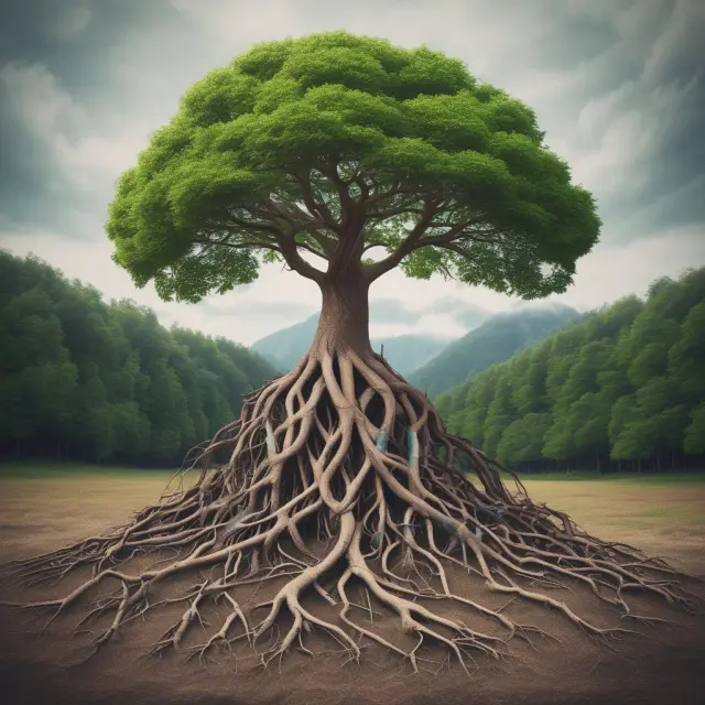 A tree with a large trunk symbolizing an insurance company, roots representing retention limit, and branches growing towards a reinsurer, illustrating YRT reinsurance partnership