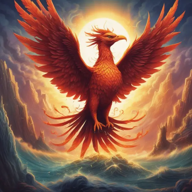 An ancient phoenix rises from a body of water filled with various alternative capital solution symbols. The phoenix represents the transformative power of Yearly Renewable Term reinsurance.