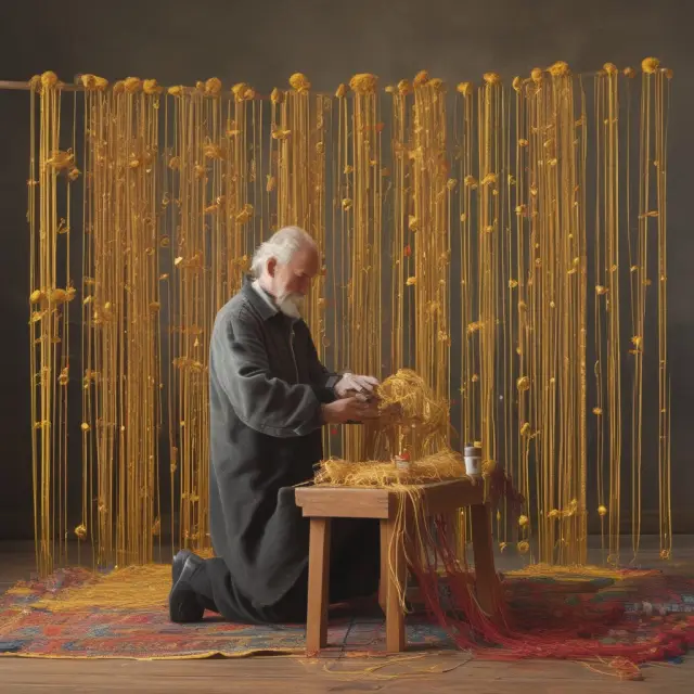 A retiree weaving a tapestry of golden threads from pension, social security, and savings, with a years certain annuity as the stable, vibrant pillar providing consistent income for a set period