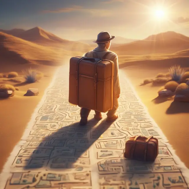 A golden sun sheds light on a retiree, carrying a suitcase filled with strategies labeled 