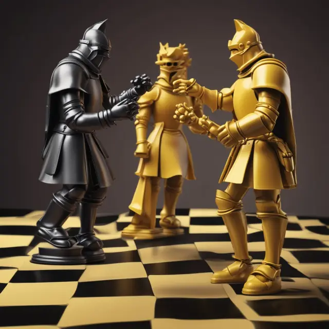 Two knights transforming into merged companies on a chessboard, illustrating yellow knight