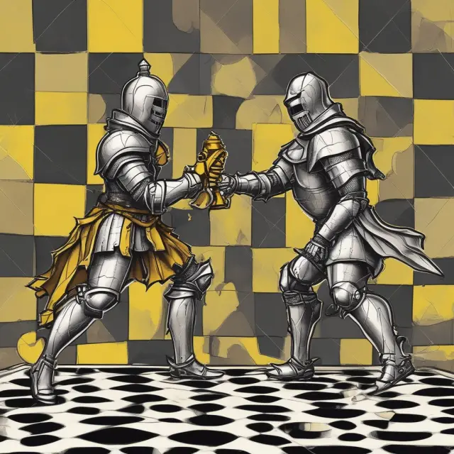 Two knights - one in white armor symbolizing white knights, the other in yellow representing yellow knights - engaging on a business board, illustrating friendly takeovers and hostile turnarounds