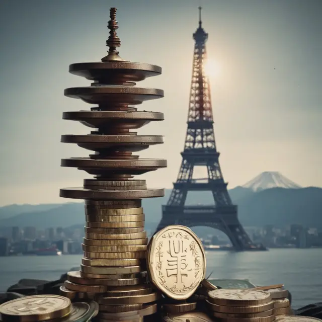 Yen coin sitting atop a stack of economic indicator charts