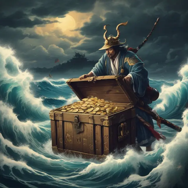 Samurai guarding a golden treasure chest filled with yen coins, representing Japanese Yen as a safe haven currency during market volatility