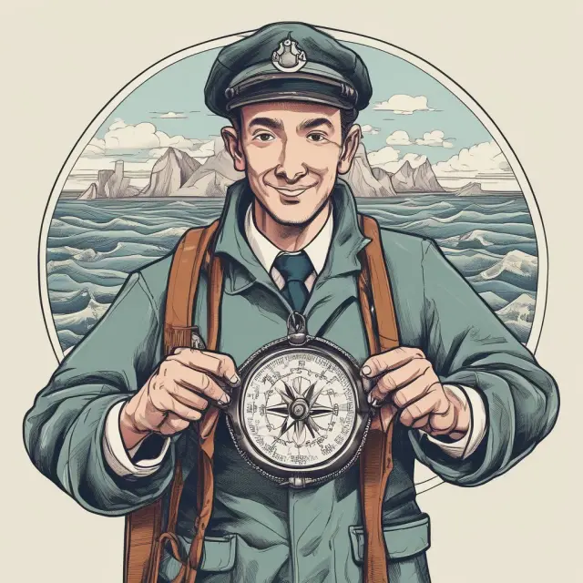 Navigator examining compass amidst various yen ETF icons, representing choosing the right one for investment goals and risk tolerance