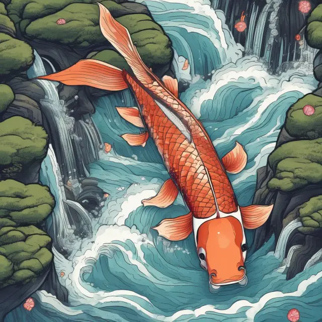 Koi fish swimming upstream against a waterfall of economic data and geopolitical events, representing the challenges investors face when deciding on yen ETF investments.