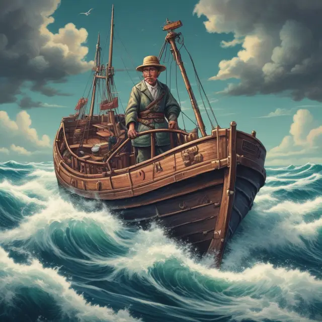 Navigator skillfully guiding a boat through turbulent water with a steering wheel labeled 