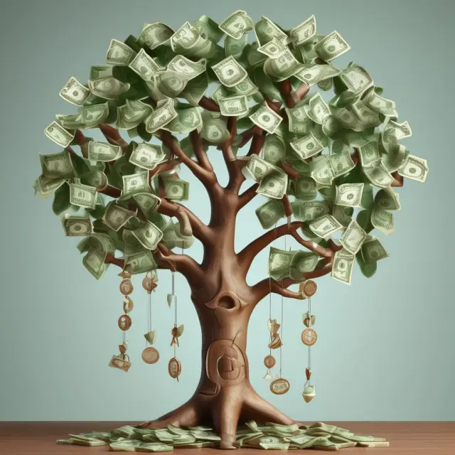 A money tree laden with gold coins symbolizing interest income fruit, illustrating yield on earning assets