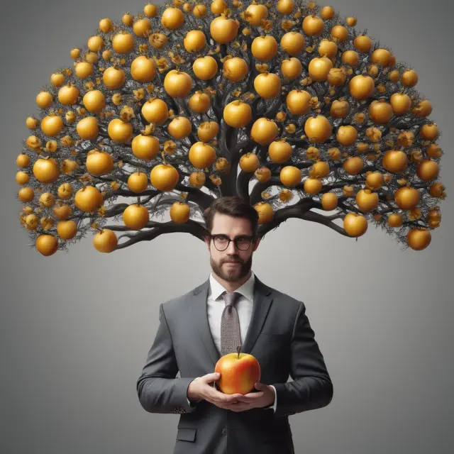 An investor sits on a bench, cradling golden apples representing long-term gains from dividend growth.