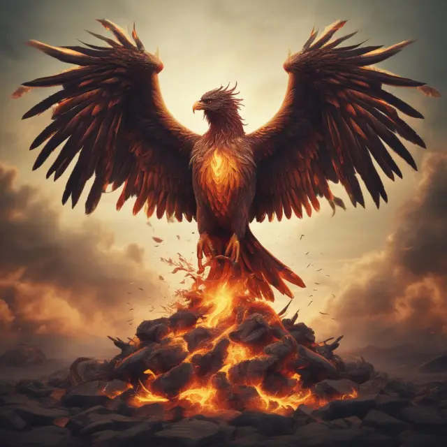 A mythical phoenix emerging from flames, representing growth in dividends outpacing inflation