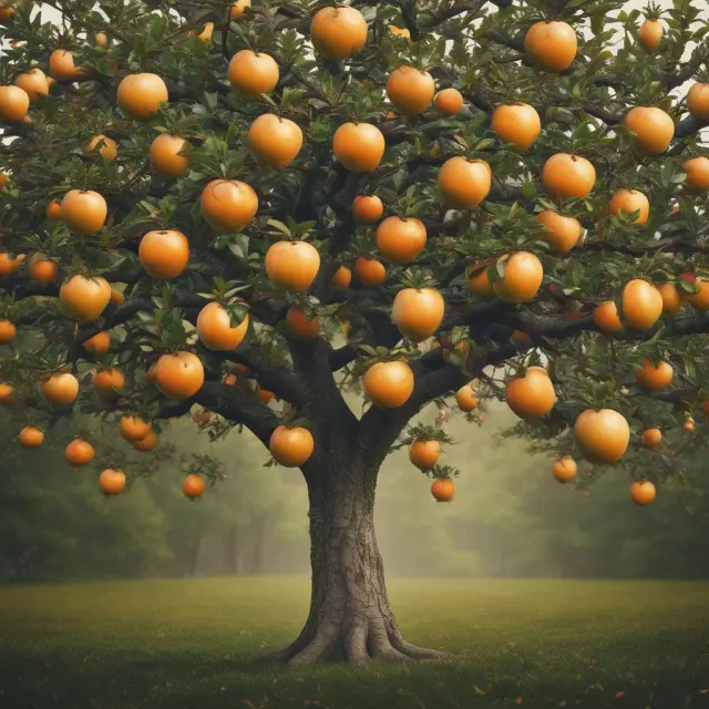 Golden apple tree yielding apples and oranges, representing stocks with high dividend growth potential