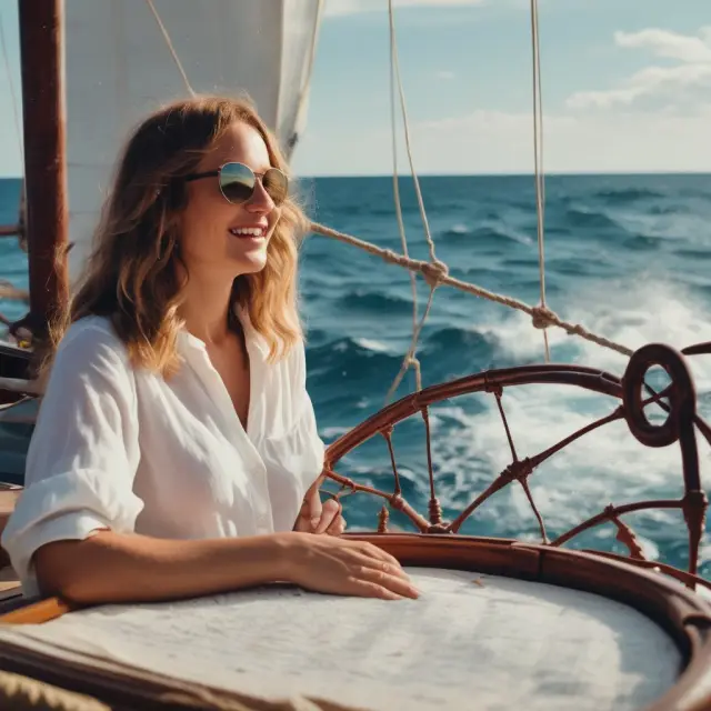 Emma, a retiree sailing through a sea filled with dividend stocks. She holds a compass labeled
