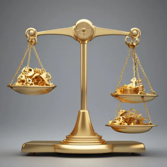 Golden scale with gears measuring variance between expected and actual manufacturing yield