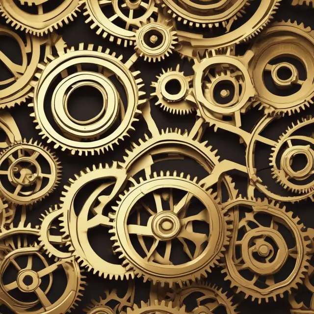 Golden gears forming a perfect alignment, illustrating harmonious production processes aimed at minimizing yield variance.