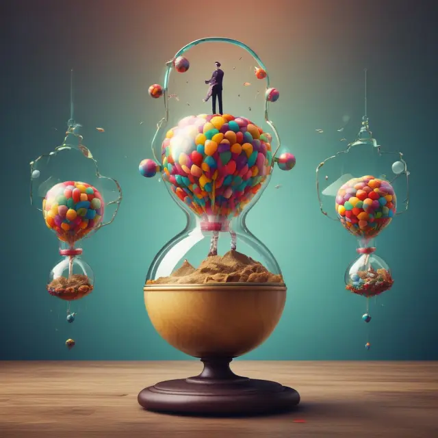 An investor examines a colorful kaleidoscope reflecting various yield sources, including stocks, bonds, and derivatives, symbolizing diversification and risk management in portfolio optimization.