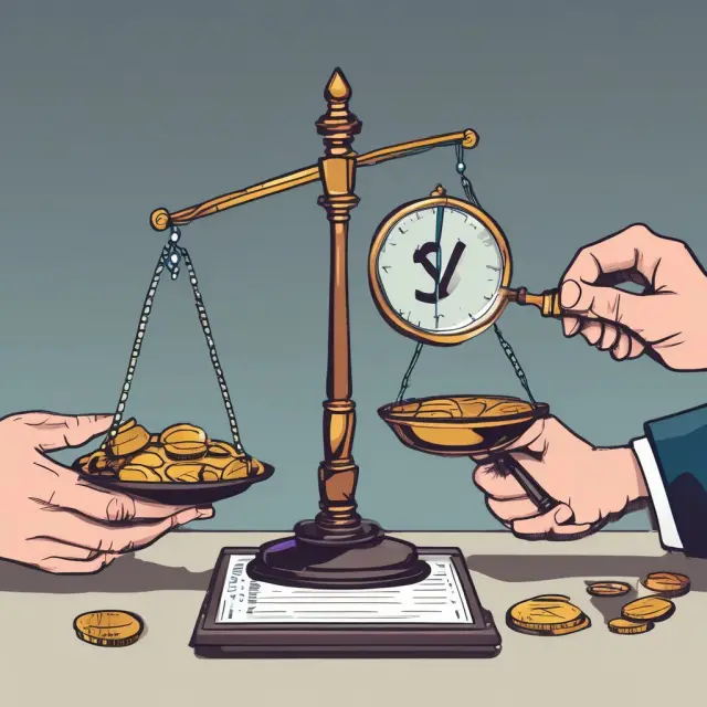 An investor balancing current yield and bank discount yields on a scale, with a bond under consideration and a magnifying glass for close examination