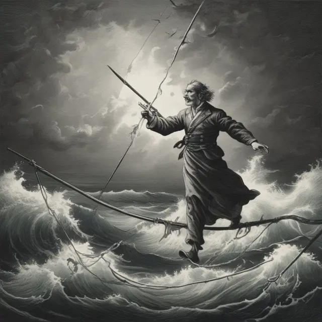 An image of a tightrope walker balancing dividend stocks over the stormy seas of interest rate volatility, symbolizing the risk and potential rewards of yield tilt index funds