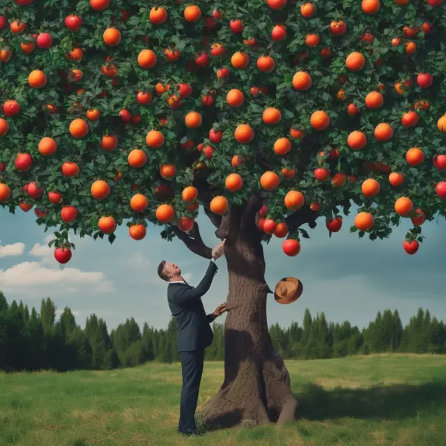 A fund manager carefully selecting fruits (high-yield dividend stocks) from a lush, fruitful tree, symbolizing the process of creating a dividend yield fund.