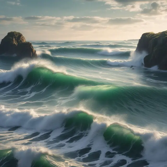 A serene sea representing normal yield curve with yields growing from a tranquil shoreline to towering waves symbolizing stable economic expansion