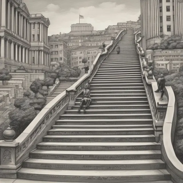A visualization of the US Treasury Yield Curve as a towering staircase, with each step representing an ascending bond maturity and yield.
