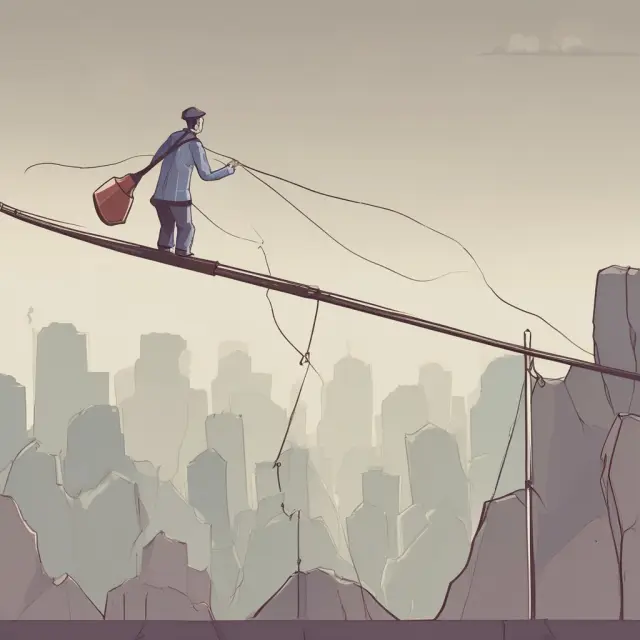 A person on a tightrope represents the yield pickup strategy, balancing a seesaw of bonds symbolizing interest rate (longer maturity) and credit risk (lower quality).
