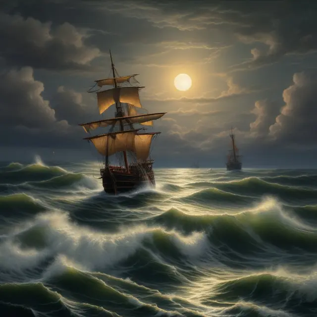 An image of jettisoned cargo adrift on a stormy sea during a full moon, with lifeboats nearby and the York Antwerp Rules beacon providing guidance.