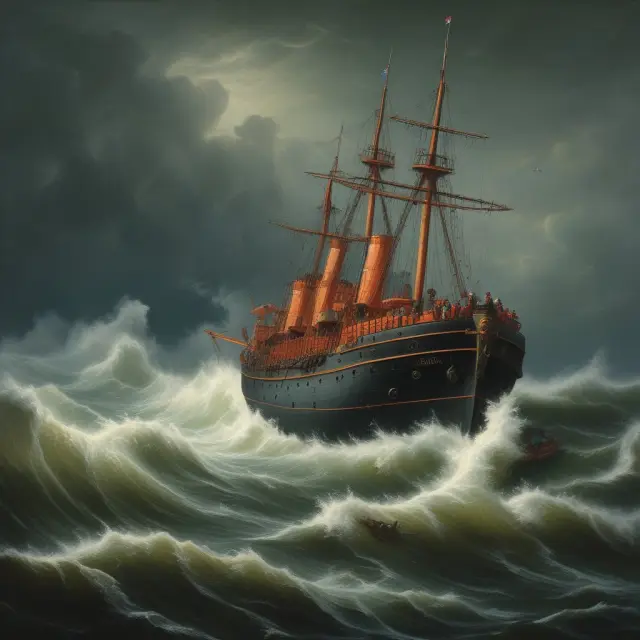 Scene depicting mariners battling a stormy sea, releasing lifeboats and jettisoning cargo in accordance with the York Antwerp Rules