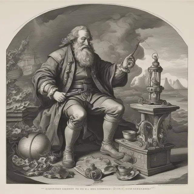 Shipmaster weighing jettisoned cargo with hourglass and scales during a stormy sea scenario, following the York Antwerp Rules.
