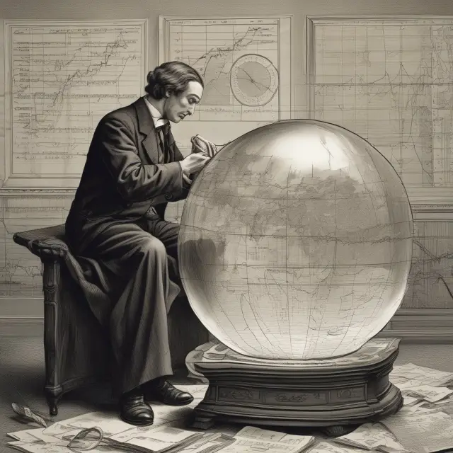 Time traveler analyzing Year to Date stock market data in a crystal ball