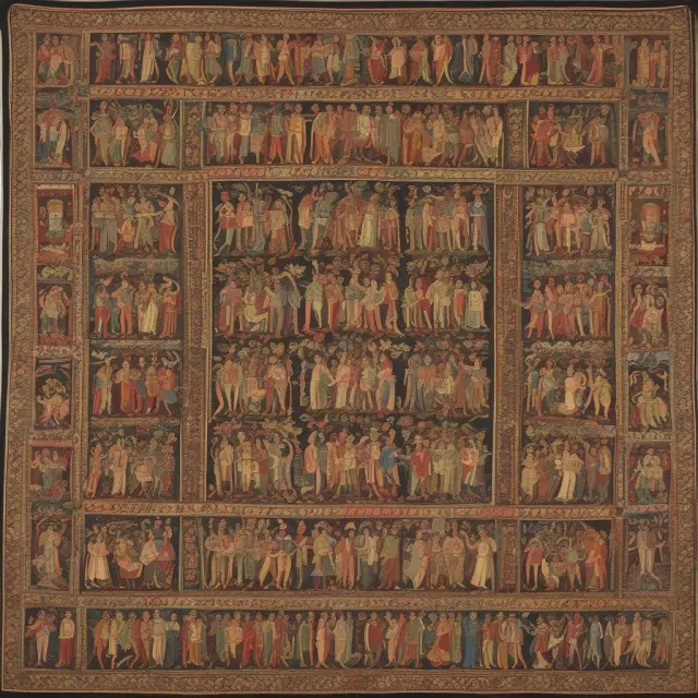 A rich, intricate tapestry showcases contemporary yuppies from diverse industries and backgrounds, all working together to create a vibrant, successful fabric