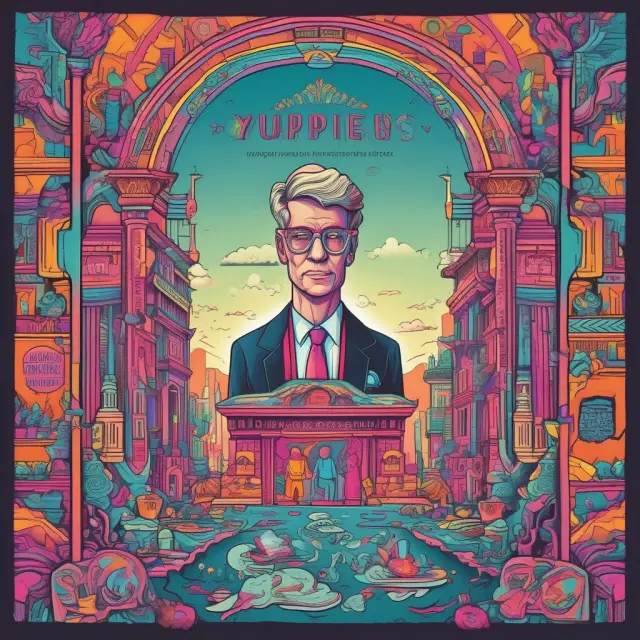 A yuppie navigating a colorful world of finance, tech, academia, and arts, symbolizing diverse career opportunities