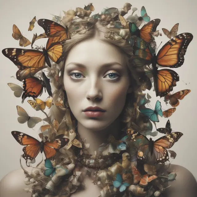 A chrysalis transforming from a materialistic yuppie butterfly into a socially responsible, minimalist one.
