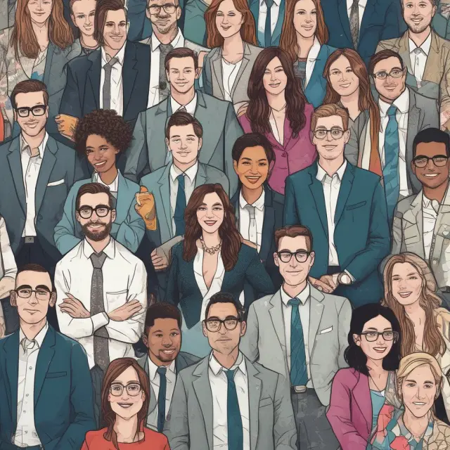 A vibrant digital mosaic of modern yuppies working in diverse industries, embodying urban living, professional growth, and socially conscious values.