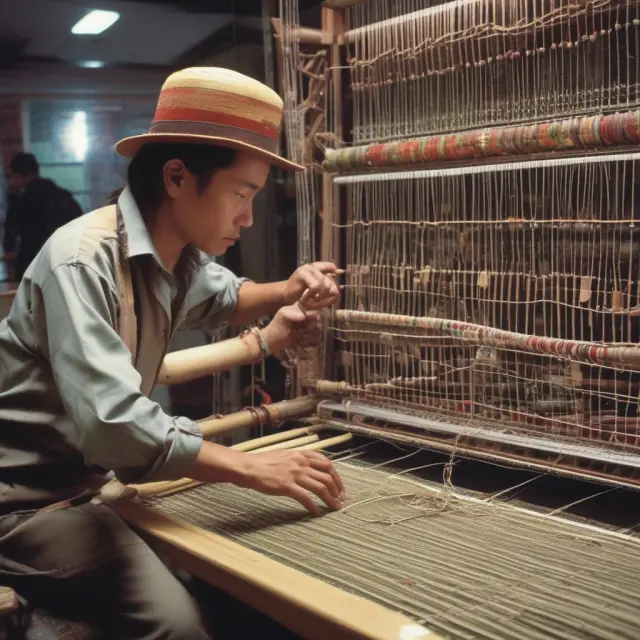 A large wooden loom with media outlets depicted as threads weaving the 