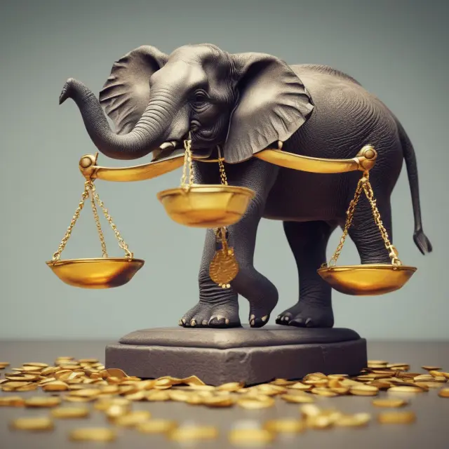 An elephant delicately balancing on a scale, assessing Z-bond gold coins to illustrate investment risks and rewards.