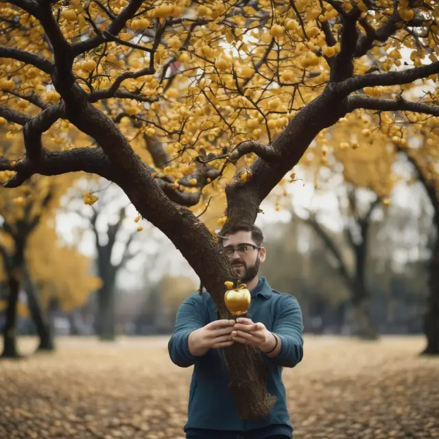 An employee stands proudly beside a golden apple tree representing Z-Shares, symbolizing no front-or-back fees, lower expenses, and increased morale.