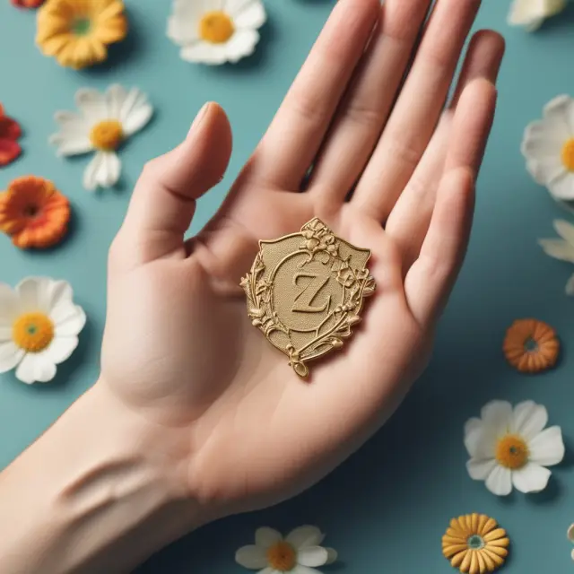 Golden hand with badge offers Z-shares amidst a pile of FAQ books and blooming flowers