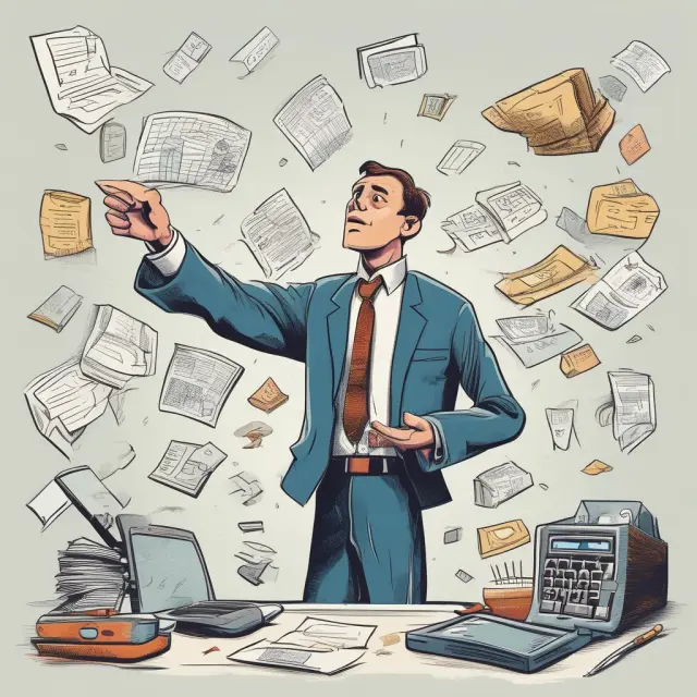 Corporate treasurer juggling multiple bank statements, representing the challenges of monitoring and managing numerous zero balance accounts in corporate finance