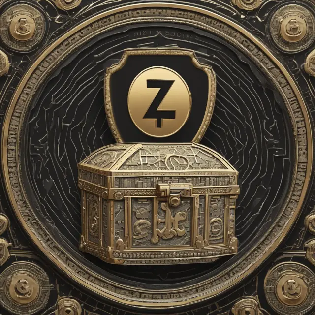 An encrypted treasure chest with 21 million coins, protected by a shield representing ZCash