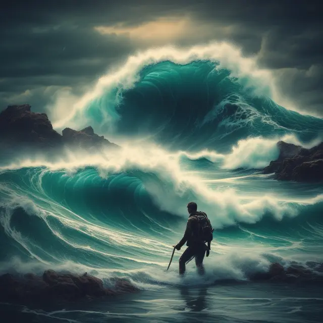 An image of a central bank building with a tsunami wave of negative interest rates crashing over it, depicting economic instability and uncertainty