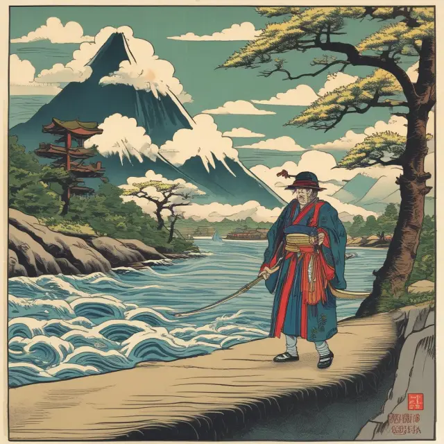 A Samurai bravely navigating a winding river with negative interest rates flowing beneath, representing Japan