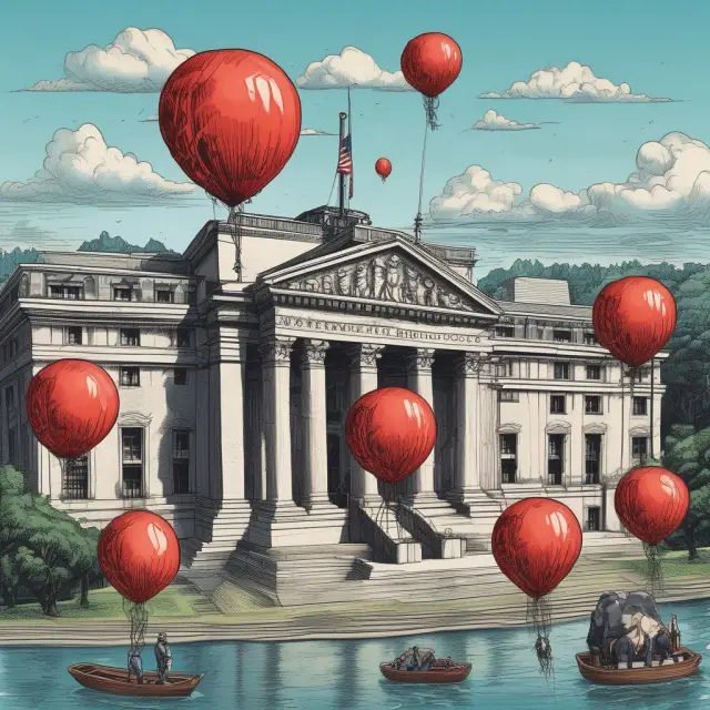 A calm central banker floating multicolored balloons labeled