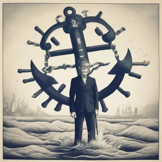 A central banker on a ship in the middle of a sea, sailing through negative interest rates represented as stormy waters, with an anchor labeled