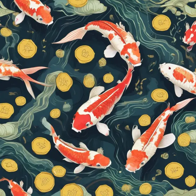 Gold coins submerged and losing value in a koi pond symbolizing negative interest rates